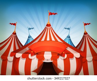 Big Top Circus Tents With Banner/
Illustration of cartoon white and red big top circus tents background with marquee or banner on a blue sky background