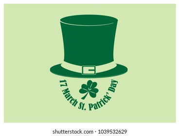 Big top hat with shamrock plant and lettering about St. Patrick's Day isolate on light green background in mono tone color and vector design.