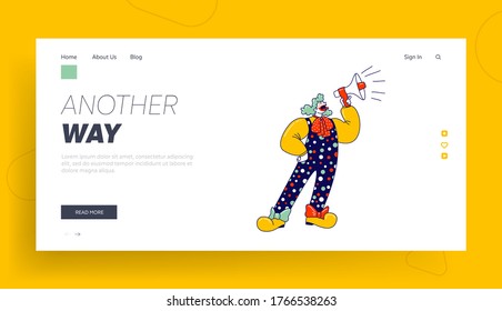 Big Top Tent Artist Announcement Landing Page Template. Animator Male Character in Funny Clown Suit, Huge Boots, Curly Green Wig and Red Neck Tie Yelling in Loudspeaker. Linear Vector Illustration