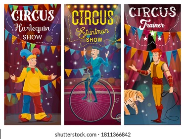 Big Top tent circus artists, performers cartoon characters. Clown in harlequin costume, tiger tamer or handler with whip, acrobat balancing on unicycle at circus arena. Circus show vector banner