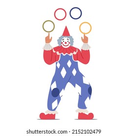 Big Top Tent Circus Clown Juggler. Isolated Artist Character Dressed in Stage Costume on Arena Throwing Rings. Funnyman Show Tricks, Entertainment Performance or Amusement. Cartoon Vector Illustration