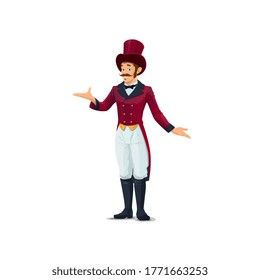 Big Top Tent Circus Entertainer, Performer Character In Top Hat And Vintage Tailcoat Costume. Cartoon Vector Man Circus Fanfair Carnival Entertainer Or Announcer, Showman In Retro Suit. Isolated