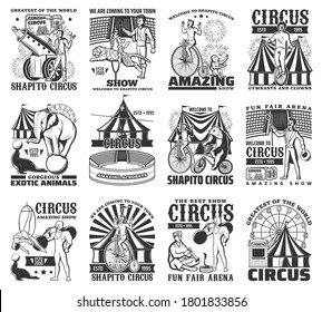 Big Top tent circus performances engraved vector icon set. Tiger tamer and snake charmer, magician, clown, strongman and unicyclist, aerial hoop acrobat and tightrope walker. Chapiteau circus show