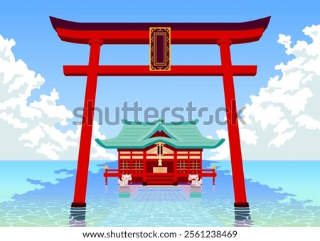 A big torii gate and shrine standing on the surface of the lake.