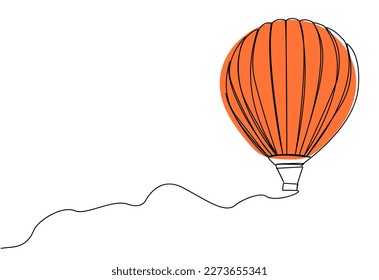 Big tourist air balloon in one line on a white background. Stock vector illustration of romantic flight. The concept of beautiful emotions.