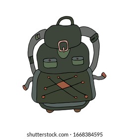 Big tourist backpack with pockets. Design for camping, outdoor activities and travel. Hand drawn vector. Illustration isolated on white background.