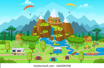 Big tourist map with summer forest activity, tents, tourist van, cyclists, a climber, people on kayaks, anglers.  Flat vector illustration. 