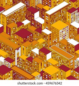Big Town in isometric view. Seamless pattern with houses. Building in Linear style. Bright orange and red colors background. Modern city skyline. Simple geometric shapes. Vector illustration.