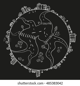 Big town and streets on globe of planet - flat line vector illustration on black board