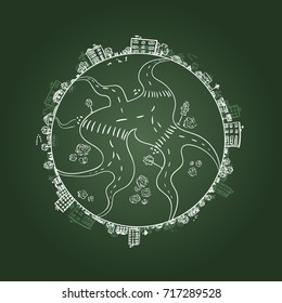 Cidade grande e ruas no globo do planeta - ilustração vetor de linha plana no quadro escolar
