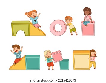 Big Toy Blocks and Playful Children Carrying Them Around Building Tower and Having Fun Vector Set