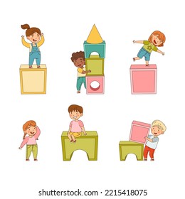 Big Toy Blocks and Playful Children Carrying Them Around Building Tower and Having Fun Vector Set