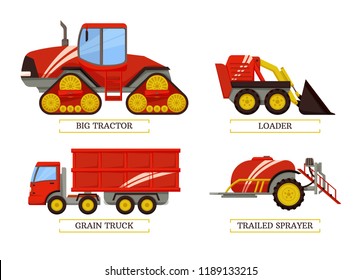 Big tractor and loader trailed sprayer and grain truck. Isolated icons vector agricultural machinery, agrimotor with trailer container transportation
