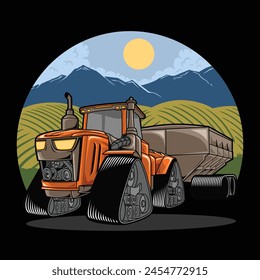 Big tractor with plantation and mountain views,animation tractor