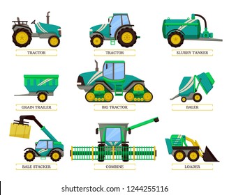 Big tractor and slurry tanker isolated icons vector. Combine and grain truck, loader and agrimotor agricultural machinery. Bale stacker and hay cube