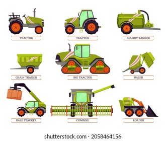 Big tractor and slurry tanker isolated icons vector. Combine and grain truck, loader and agrimotor agricultural machinery. Bale stacker and hay cube