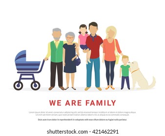 Big traditional family concept illustration of family portrait. Flat design of father and mother with their children and grandparents and dog isolated on white background