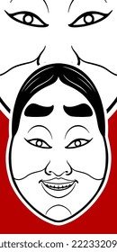 Big traditional Japanese white mask elements on red background.