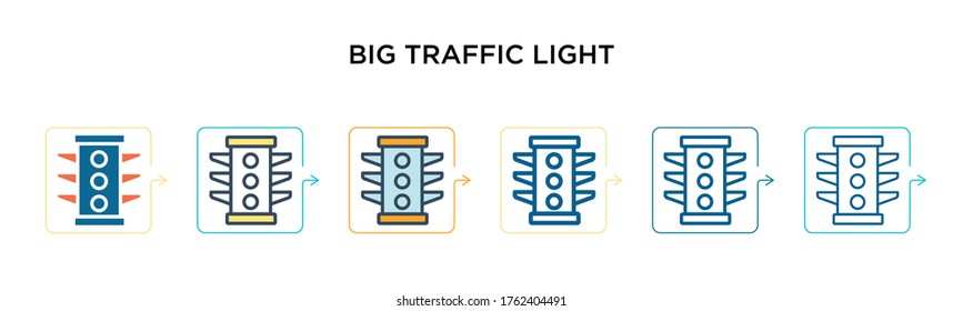 Gran icono vector de semáforo en 6 estilos modernos diferentes. Negro, dos grandes iconos de luz de tráfico de colores diseñados en el estilo relleno, contorno, línea y trazo. La ilustración vectorial puede utilizarse para la web, 