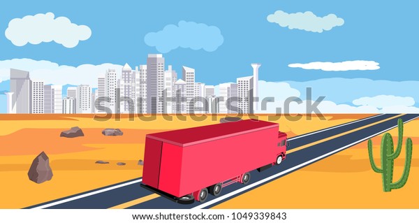 Big trailer truck driving\
along the highway in the desert landscape, concept vector\
illustration
