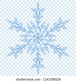 Big translucent Christmas snowflake in blue colors on transparent background. Transparency only in vector format