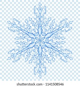 Big translucent Christmas snowflake in blue colors on transparent background. Transparency only in vector format