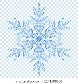 Big translucent Christmas snowflake in blue colors on transparent background. Transparency only in vector format
