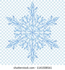 Big translucent Christmas snowflake in blue colors on transparent background. Transparency only in vector format