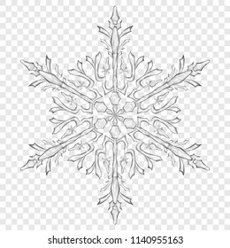 Big translucent Christmas snowflake in gray colors on transparent background. Transparency only in vector format