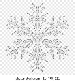Big translucent Christmas snowflake in gray colors on transparent background. Transparency only in vector format