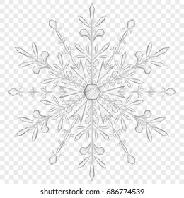 Big translucent Christmas snowflake in gray colors on transparent background.  Transparency only in vector file