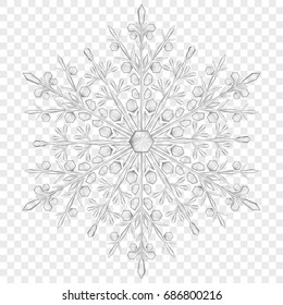 Big translucent Christmas snowflake in gray colors on transparent background.  Transparency only in vector file