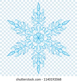 Big translucent Christmas snowflake in light blue colors on transparent background. Transparency only in vector format