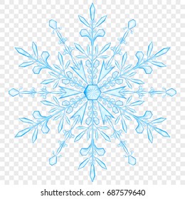 Big translucent Christmas snowflake in light blue colors on transparent background.  Transparency only in vector file