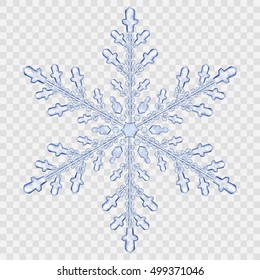 Big translucent crystal snowflake in blue colors on transparent background. Transparency only in vector file