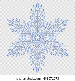 Big translucent crystal snowflake in blue colors on transparent background. Transparency only in vector file