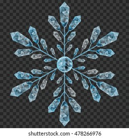 Big translucent crystal snowflake in light blue colors on transparent background. Transparency only in vector file
