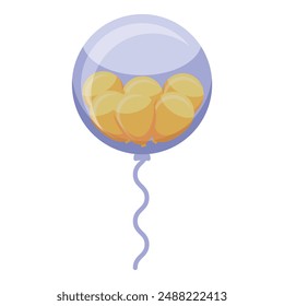 Big transparent balloon is containing many small golden balloons and floating with a curled string