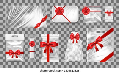 Big Transparent Empty Plastic Gift Pack With Bow Set. EPS10 Vector