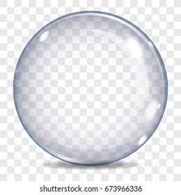 Big transparent glass sphere with a blue tint, glares and shadow, on a plaid background.