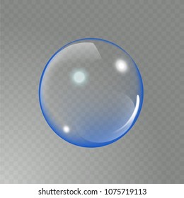 Big transparent glass sphere with glares and shadow. Realistic Soap bubble. Transparency only in vector file