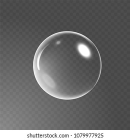 Big transparent glass sphere with glares and shadow. Realistic Soap bubble. Transparency only in vector file