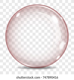 Big transparent glass sphere with a red tint, glares and shadow, on a plaid background.