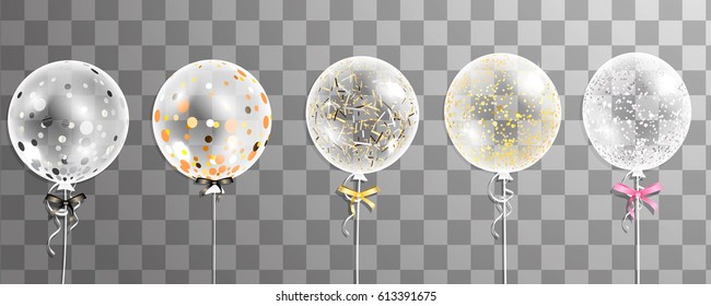 Big transparent realistic  balloons with confetti isolated. Party decorations for birthday, anniversary, celebration, wedding, event design. Vector