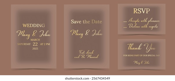 Big transparent wedding invitation design template set on trendy Mocha Mousse background. Save the date, thank you, rsvp card. Wedding luxury cards with matte glass effect