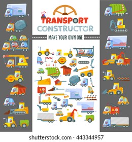 Gran constructor de transporte para hacer varios tipos de vehículos, coches, camiones, vagones.Elija las partes correctas del coche para crear su propio.Concepto de diseño de juegos.Ilustración vectorial