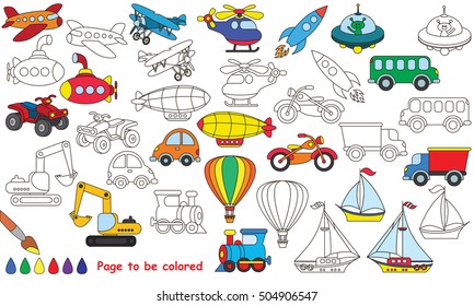 Big transport set to be colored. Coloring book to educate preschool kids with easy kid educational gaming and primary education of simple game level of difficulty.