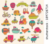 Big transportation icons collection in bright colors. Travel set with retro cars, air-balloons, ships, bike, helicopter, ufo and train. Graphic vintage set in cartoon style