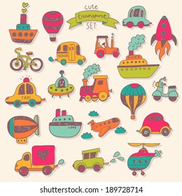 Big transportation icons collection in bright colors. Travel set with retro cars, air-balloons, ships, bike, helicopter, ufo and train. Graphic vintage set in cartoon style