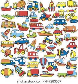 Big transportation icons collection. Cute  baby pattern. Set of transport for children. Hand drawn vector illustration.